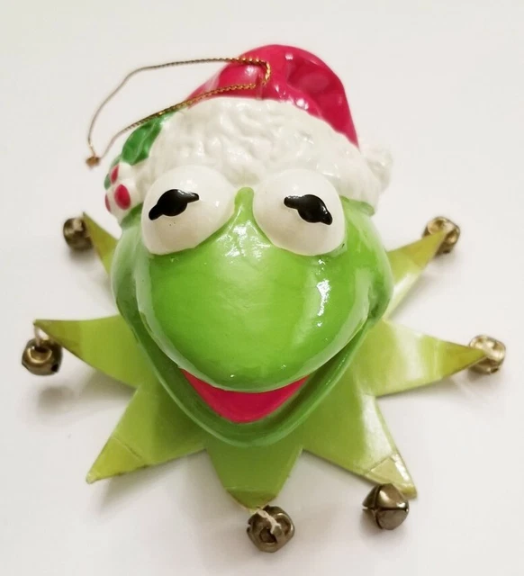 VINTAGE KERMIT THE Frog Paper Mache Head Ornament Santa Hat Henson