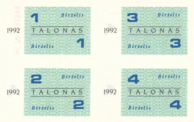 Lithuania - 1992 - food coupons - June - 1-2-3-4 talonas - Birzelis - RARE - UNC