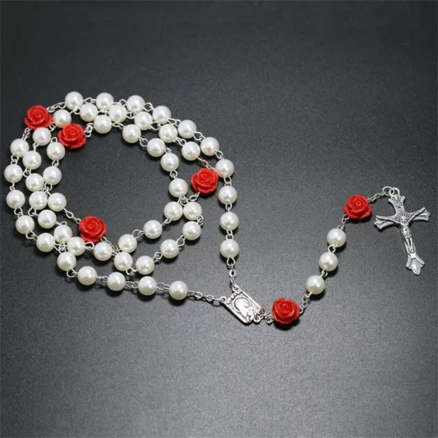 WHITE FAUX PEARL ROSARY 28" Necklace 6" Drop 6mm Prayer Beads Catholic Crucifix