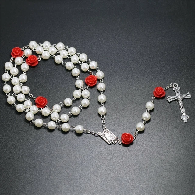 WHITE FAUX PEARL ROSARY 28" Necklace 6" Drop 6mm Prayer Beads Catholic Crucifix