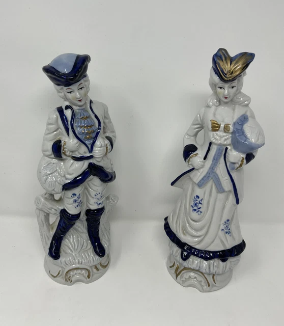 Vintage Victorian Porcelain Figurines Couple Blue and White with Gold Trim 12"