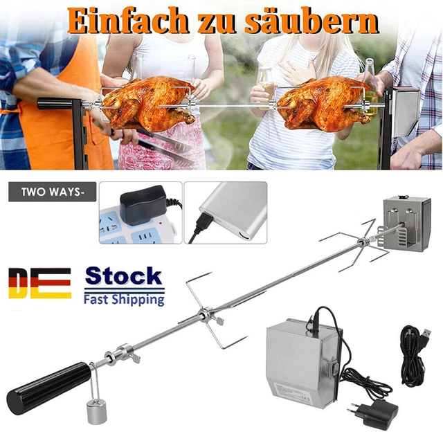 BBQ Grillspieß mit Edelstahl Motor 137-142cm Drehspieß Gasgrill Automatisch DHL 12