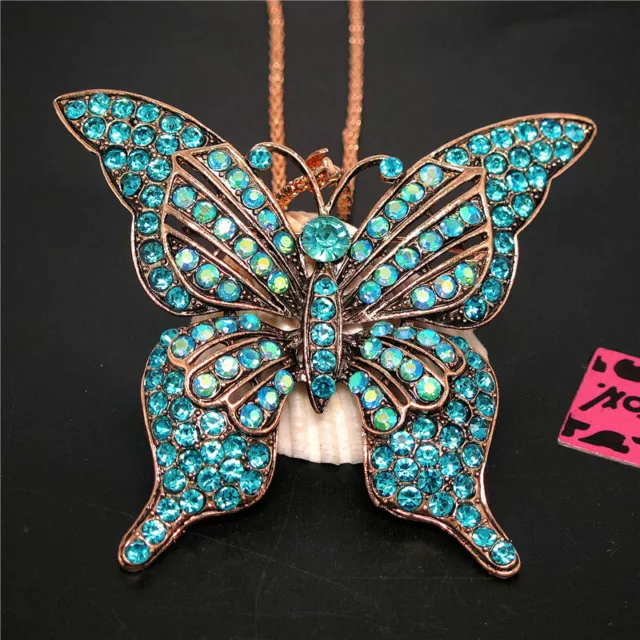 New Cute Blue Rhinestone Butterfly Crystal Pendant Betsey Johnson Chain Necklace