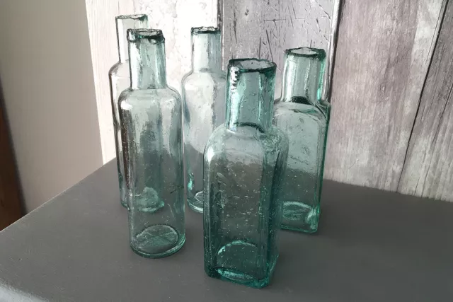 5 x MEDICINE BOTTLES - Sheerlip - Upright Type - In Aqua & Ice Blue all dug 2