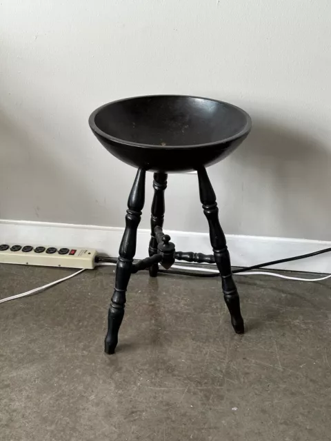 Antique 21” Black Wood Salad Dough Knitting Bowl on Tripod W/ Brass Hardware