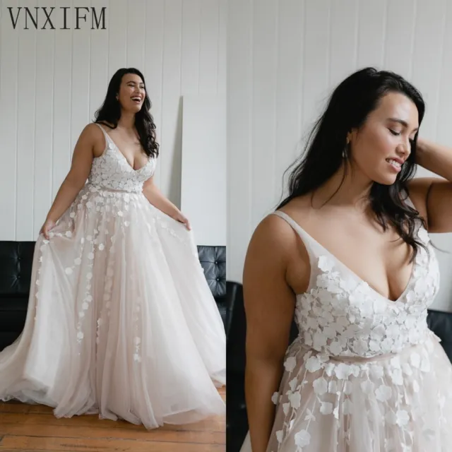 Plus Size Beach Boho A-Line V-Neck Appliques Floor Length Wedding Gown
