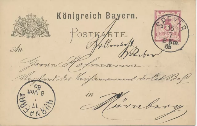 BAYERN "SPEYER" (Pf.) K1 5 Pf GA-Postkarte 1885 nach "NÜRNBERG" K1, Wz.-ABART, R