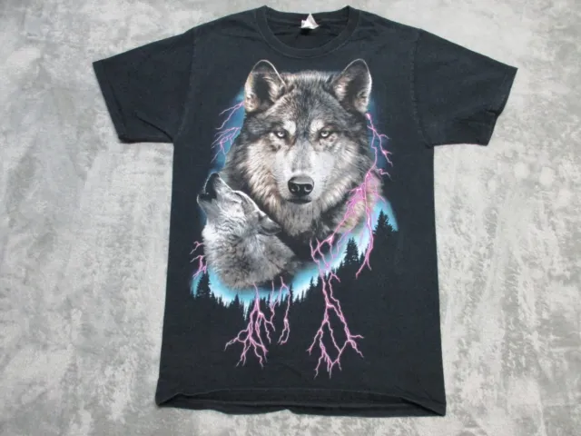 VINTAGE Wolf Pack Wolves Full Moon Shirt SMALL Black Gray Howling AOP 3D Mens