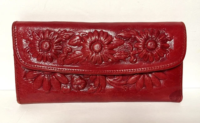 Vintage Mexican Hand-Tooled Genuine Leather Boho Red Clutch Wallet