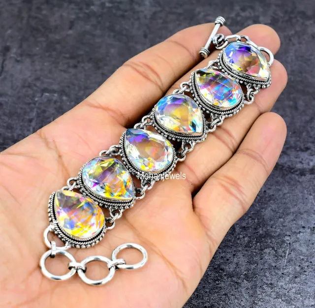 Aura Quartz Pear Crystal Silver Handmade Statement Jewelry Bracelet