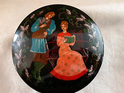 Vintage Russian Lacquer Round  Metal Hand Painted Box-Man & Woman in a Garden