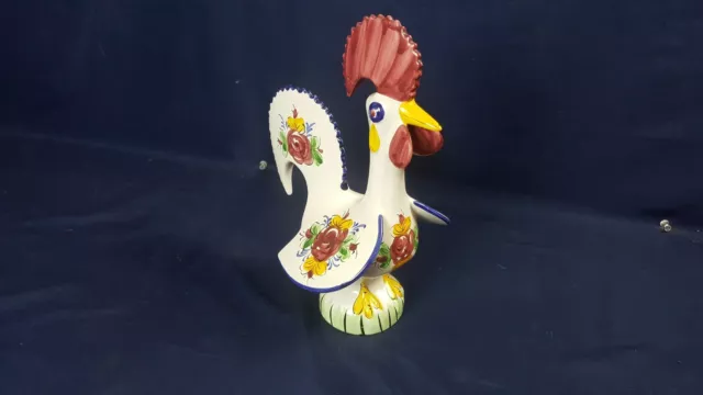 Figurine coq en céramique peinte à la main art populaire 11 pouces floral lumineux très bon état intact