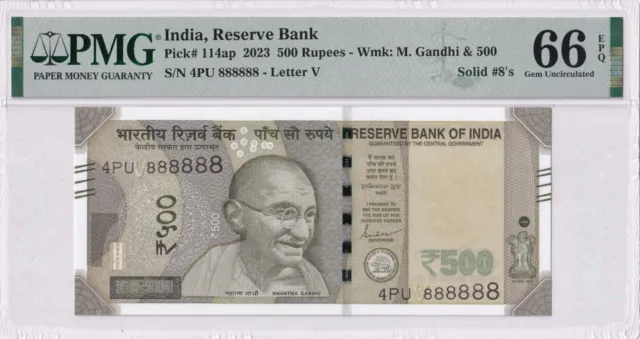 Reserve Bank India 500 Rupees 2023 Solid S/No 888888 PMG 66EPQ