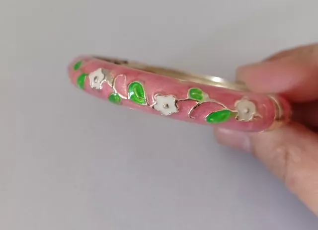 Vintage Cloisonne Hinged Cuff Bangle Bracelet Pink/White/Green Floral Enamel