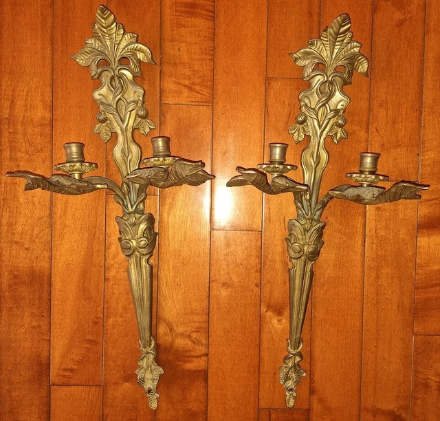 Art Nouveau Style Large Solid Brass Candle Sconces Set of 2