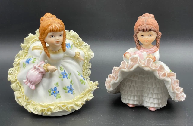 Vintage Lefton Bloomer Girl Flowers Purse Yellow Tulle Bisques Figurine 803 READ
