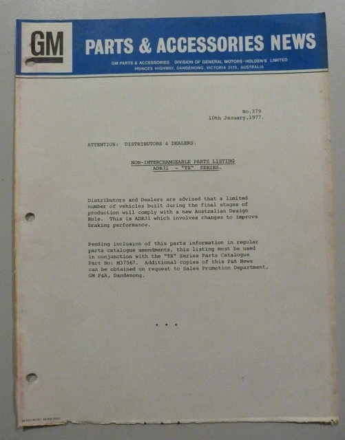 GENUINE GMH HOLDEN Parts Catalogue Update Service Sheet Gemini TX 24
