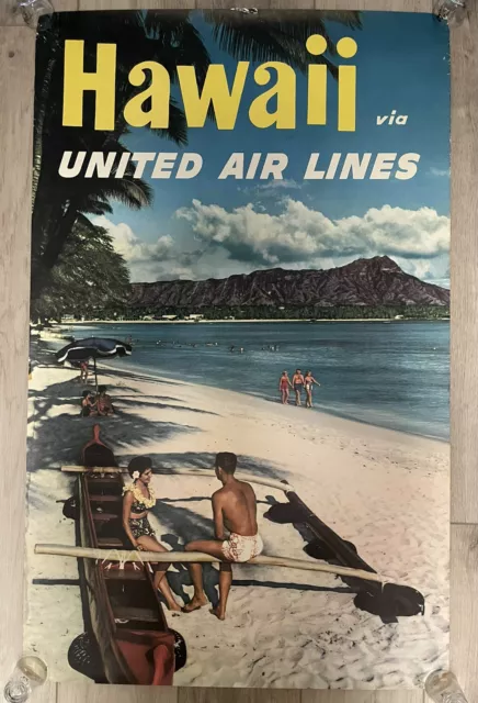United Airlines Advertising Hawaii Diamond Head Original Tiki Bar Poster Vintage