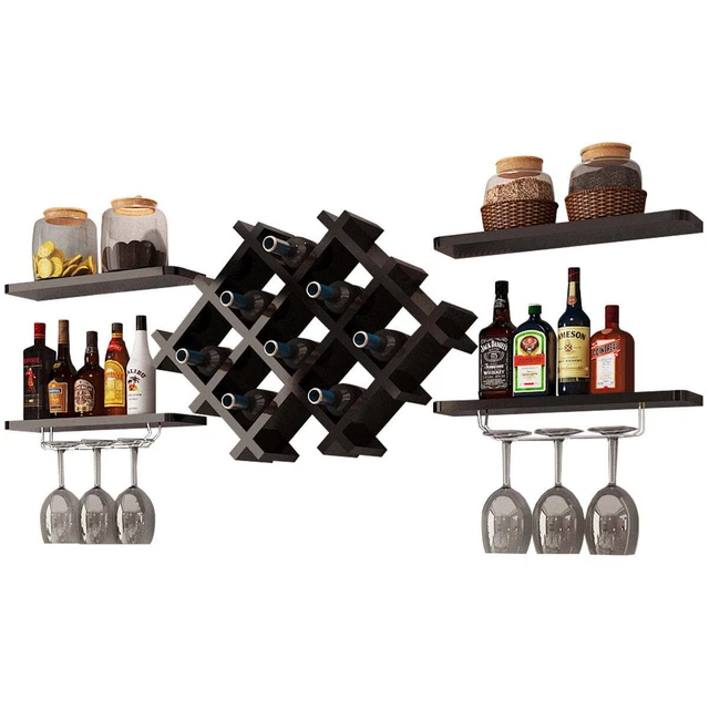 Set of 5 Wall Mount Wine Rack Set Storage Shelves Glass Holder Black