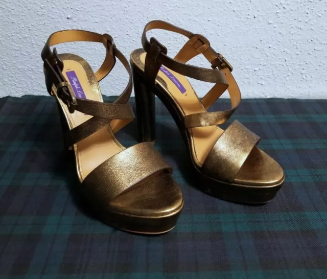 Ralph Lauren Collection Womens Metallic Gold Leather Estrid Platform Sandals 8B