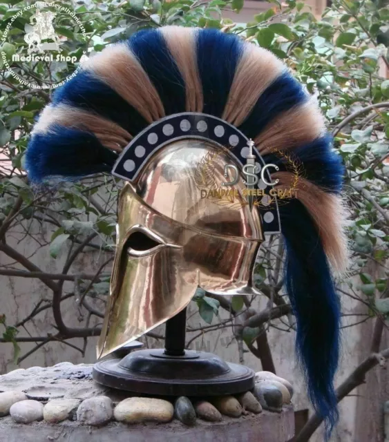 Medieval Greek Corinthian Armor Helmet Blue & White Plume Knight Spartan Helmet