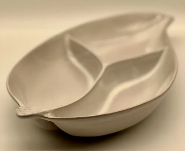 Vtg Frankoma Pottery Ivory White Sand Divided Leaf Shaped Serving Tray Dish #83