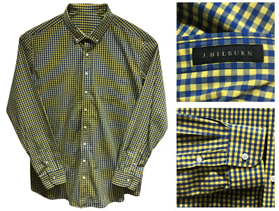 J HILBURN Men's Yellow/Blue Check Long Sleeve Cotton Button Down Shirt sz XXL