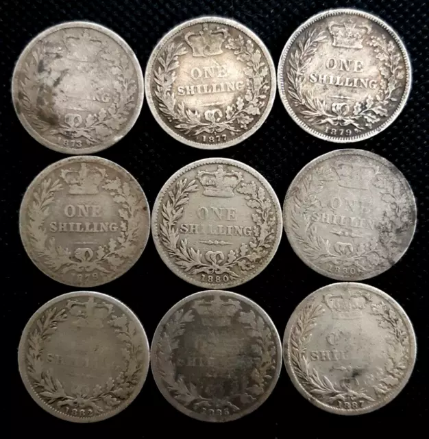 Great Britain set of 9 .925 silver shilling coins Queen Victoria 1873-1887