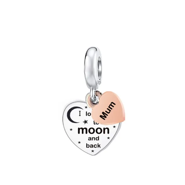Mum I Love You To The Moon And Back Dangle Heart Charm Sterling Silver 925 Mom