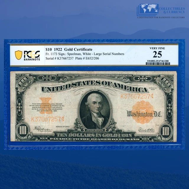 Fr.1173 1922 $10 Ten Dollars Gold Certificate "HILLEGAS NOTE", PCGS 25 #57257