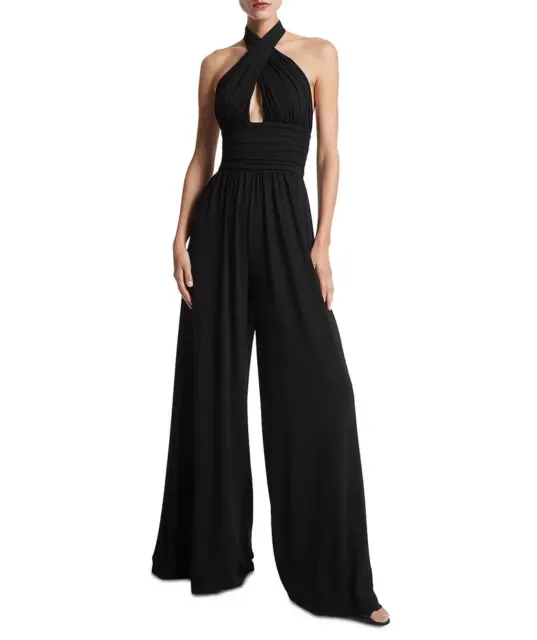 Michael Kors Collection Ruched Crossover Halter Jumpsuit Black Size 4 3855