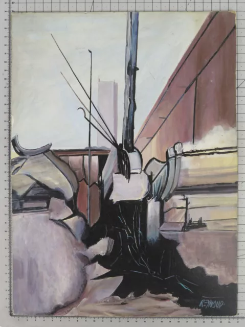 Pequeño Cuadro Vintage Óleo Mesa Firmado Reynaud Formas Indefinite Pintado Bsn