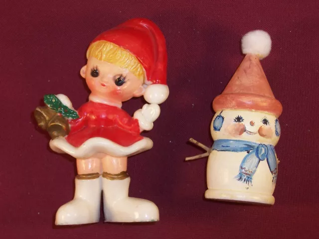 Vintage Christmas elf Santa hard plastic and hand painted wood snowman figure