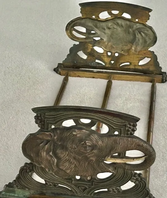 Antique Art Nouveau Elephant Bookend Book Rack Expandable Cast Iron & Brass