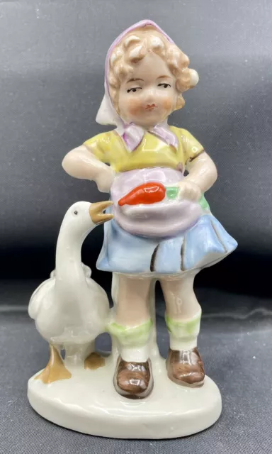 Vintage Porcelain Figurine - Girl With Goose and Carrot - So Sweet 5.25” Tall