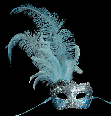 Mask from Venice Colombine IN Tip IN Feathers Ostrich Sky Blue Silver 1442 S2B