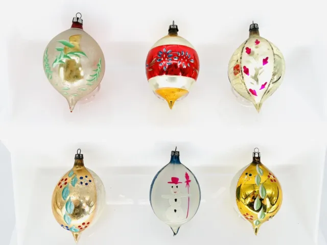 Vintage Polish Set of 6 Large Teardrop Mica Mercury Glass Christmas Ornaments