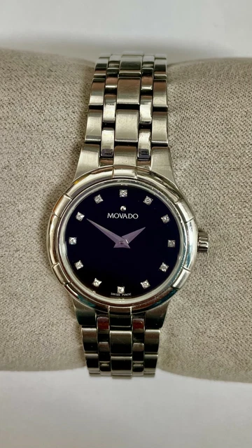 Movado Donna Acciaio Inox Nero Diamante Quadrante Orologio Al Quarzo