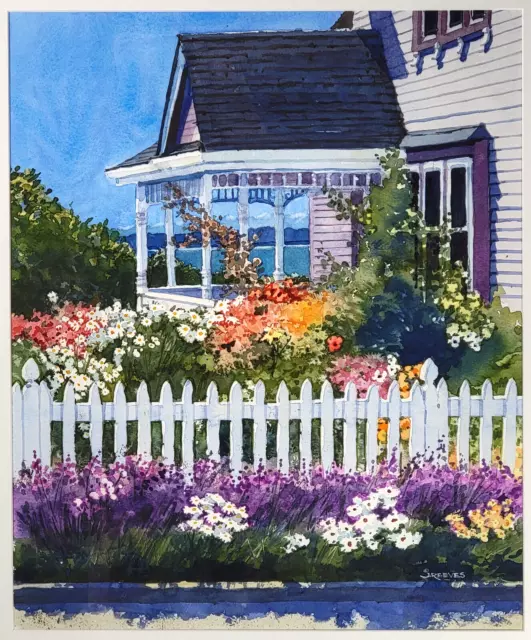 Original Watercolor Seaside Garden Cottage by Joan Reeves, Puget Sound, 21"x25" 2
