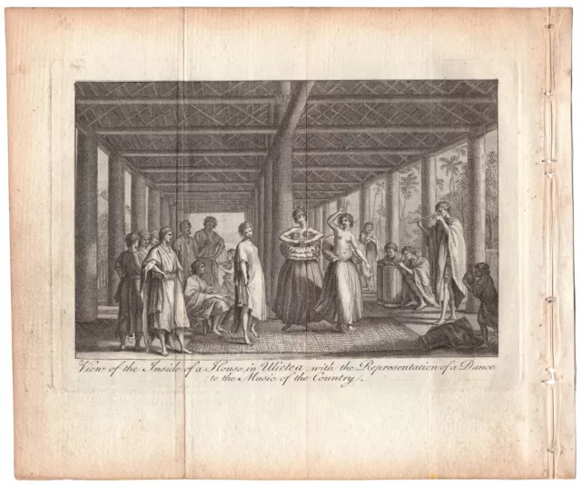 1785 Capt Cook ENGRAVING ~ Inside House Ulietea & Dance Music ~ Raiatea Tahiti