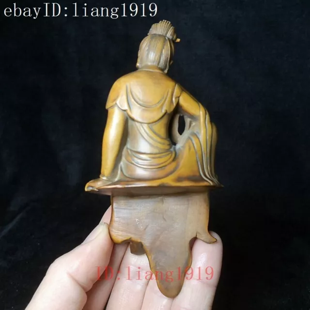 H 5 inch Old Chinese Boxwood Hand Carved Avalokitesvara Kwan-yin Buddha Statue 3