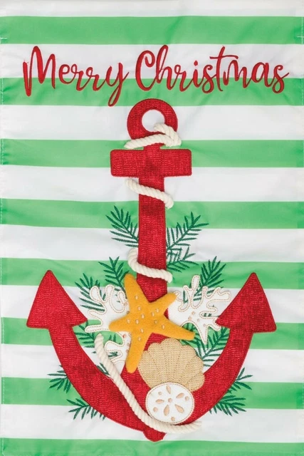 Merry Christmas Anchor Shells Applique Garden Flag, 12"x18" Custom Decor 2 Sided