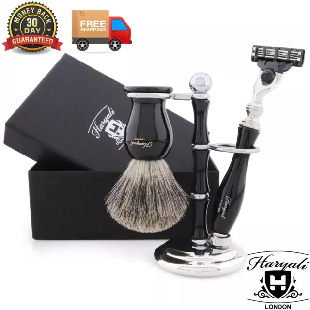 Mens Shaving Set with 3 Edge RAZOR and Pure Black Badger Shaving Brush and Stand