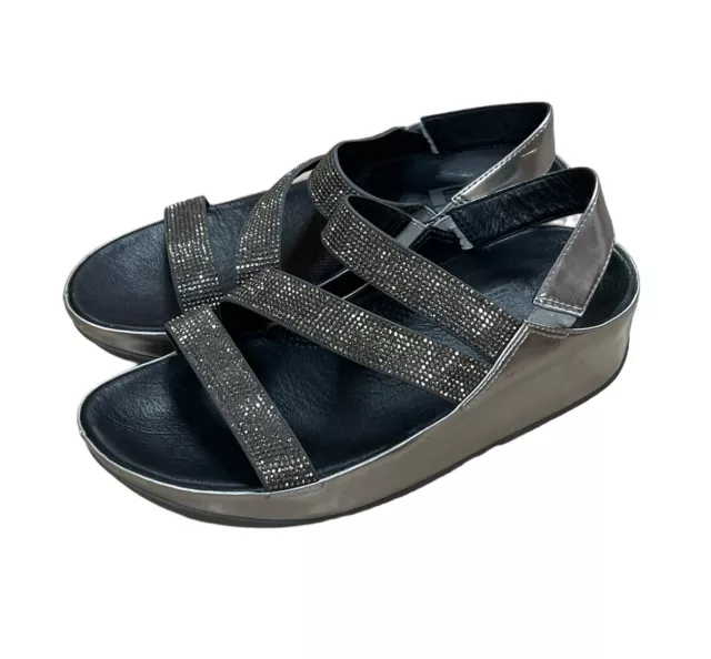 Fitflop Women’s 6 Strappy Sandals Glitter Sparkles Wedge Silver Shiny Summer