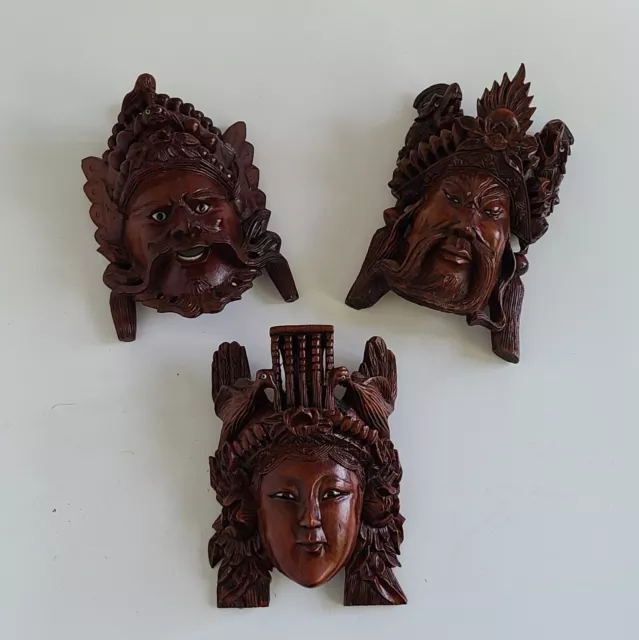 3 Vintage Chinese Red Wood Carved Daoism Small Masks Highly Detailed Rosewood