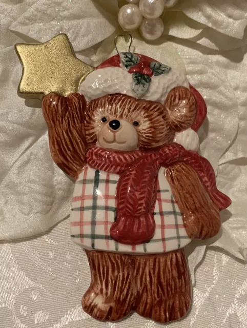 Vintage Fitz And Floyd Teddy Bear Christmas Ornament Star Santa Hat Scarf 1992