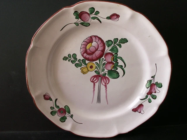 Assiette Ancienne Faïence St Clément 22cm – Bouquet Fleurs Et Nœud, XIXe