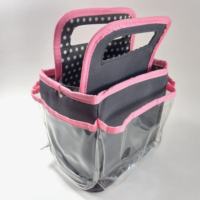 Bolso de Mano Organizador Artesanal Arte Costura Organizar Gris y Puntos Poka Muchos Bolsillos Rosa
