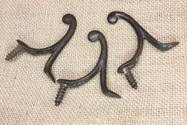3 Old Single Coat Hooks School Farmhouse Clean Cast Iron Vintage 1850’s Screw in