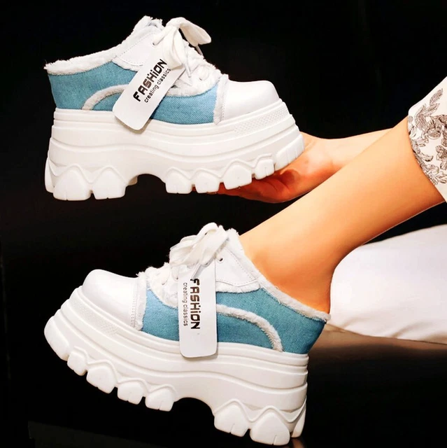 Mules Women Genuine Leather Canvas Fashion Sneaker Platform Wedge High Heel Pump